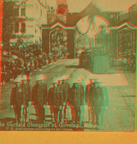 The Garfield Obsequies at Cleveland, artillery men advancing for the corpse. 1865?-1899