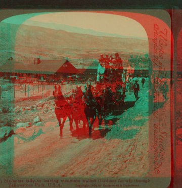 Six-horse tally-ho leaving mountain walled Gardiner for trip through Yellowstone Park, U.S.A. 1901, 1903, 1904