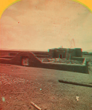 Roman Catholic church, Plaza of Guadeloupe, Gouadeloupe Co., Colorado. Built not many years since of adobes. Dimensions: length 120 feet; width 60 feet; height 25 feet. Grave yard in the foreground surrounded by an adobe wall about 6 feet in height. 1874