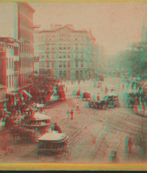 Park Row from Tryon Row, the City Hall Park on the right, showing the Times Building, and a distant view of St. Paul's Church. 1860?-1875? ca. 1865