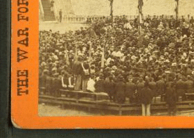 Interior of Fort Sumpter [sic], Charleston Harbor, S. C., April 14th, 1865. Henry Ward Beecher delivering the oration on the occasion of the raising of the old flag. 1861-1865