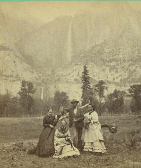 [Group of tourists, with Yosemite Falls as backdrop.] 1870?-1885? [1866-1870]