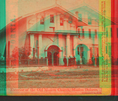 Exterior of the Old Mission Church, Mission Dolores. Dedicated in 1776. 1865?-1880? 1863