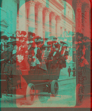 Automobile party of merry girls before the Appellate Court building, Madison Square, New York City