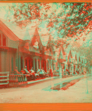 [A street of cottages, people in front and on balconies.] 1865?-1880?