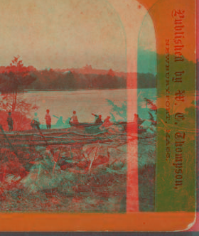 [View on the shore, group getting into a small boat.] 1865?-1890?