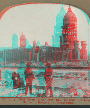 City Hall from McAllister St., looking northeast. Souvenir hunters in foreground. 1906