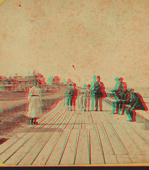 Group of people at the boardwalk, with two boys holding up fish