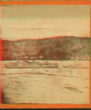 Strs. [steamboats] "Katahdin" and "C.B. Sanford" in the ice. Bucksport Narrows, March 17, 1872. 1869?-1885?