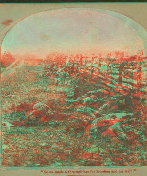 "So we made a thoroughfare for freedom and her train." [View of dead soldiers beside a fence. Hand-colored view.] 1880?-1891? 1861-1865 one view copyright 1904