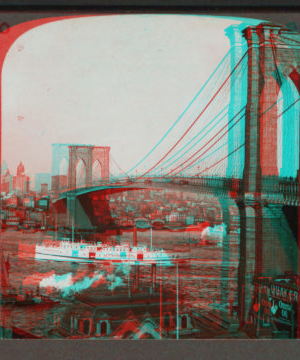 Brooklyn Bridge, W.N.W. [west-northwest] from Brooklyn toward Manhattan, New York City. [1867?-1910?]