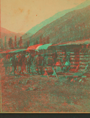 [Group in front of a log cabin with a covered wagon.] 1870?-1900?