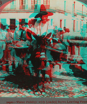 Water peddler with loaded burro leaving fountain, Quadalajara, Mexico