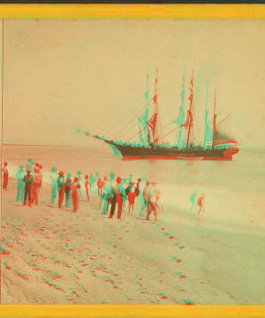 [People on the shore looking at a ship.] 1867?-1890?