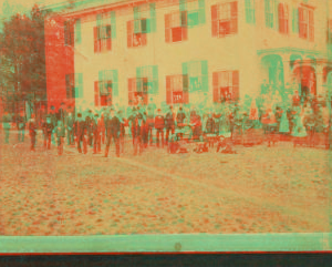 [Students gathered in front of Dedham high school.] 1859?-1885?