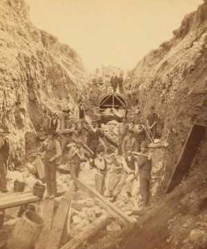 Sudbury River Conduit, B.W.W., div. 4, sec. 17, Nov. 13, 1876. View near rock-cut showing ledgemen in the foreground and brickmasons in the background. 1876 1876?-1878?