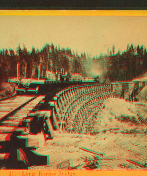 Long Ravine Bridge near Colfax. [Train crossing]. 1864?-1869?