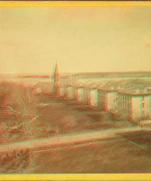 Right side of grounds, looking from top of new building, showing a portion of the officer's quarters, the chapel and library. 1868?-1890?