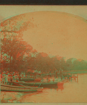 Rowboats pulled up on the beach. Spirit Lake, Iowa. 1865?-1885? 1883