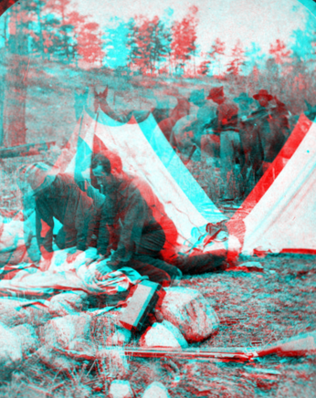 Views among the Rocky Mountains of Colorado. Camp scene. Holmes and Chittenden rolling up bedding. Colorado. 1874.