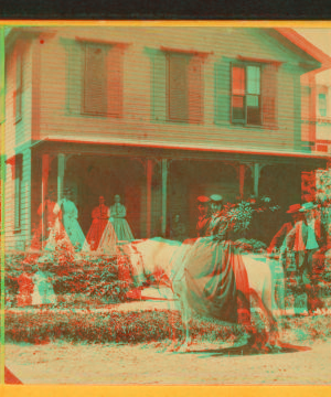 [Miss Olive Jones sitting sidesaddle on her horse as others look on from the porch of a home.] 1865?-1885?