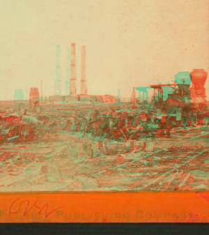 Battlefield of Peach Tree Creek, Ga. [View of railroad in ruins, factory visible in the background.] 1880?-1891? 1861-1865 one view copyright 1904