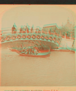 Gondolas passing under the Wooded Island bridge, World's Fair, Chicago, U.S.A. 1893