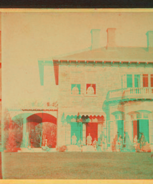 [Family posing in front and in the porch of Stone House.] 1860?-1869?