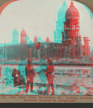 City Hall from McAllister St., looking northeast. Souvenir hunters in foreground. 1906