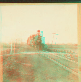 [Railroad train on track in level countryside.] 1859?-1897