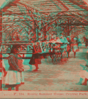 Rustic summer house, Central Park, N.Y. [Women and children in the arbor.] 1860?-1905?