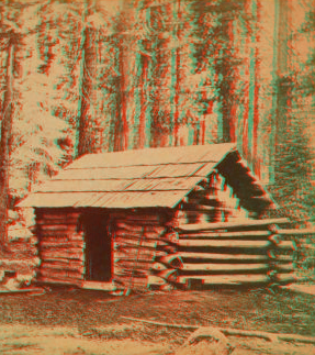 First log hut erected in the grove, Mariposa Grove. 1860?-1874?