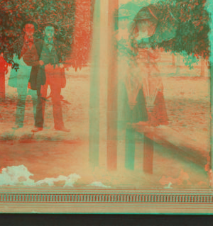 [Man and woman, with parasol, standing behind double fountain [ca. 1880] 1870?-1910?