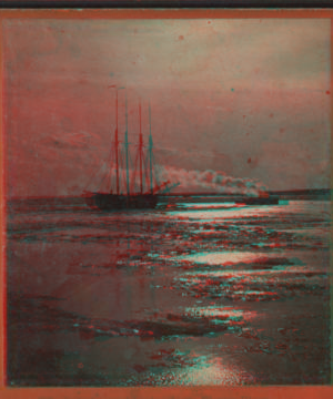 Sunset, vessel towing down Niagara River. [1865?-1905?]