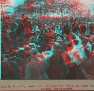 Castle Garden, now the aquarium, with a very interesting foreground [large crowd of people, some waving at a procession, in foreground]. 1865?-1910?