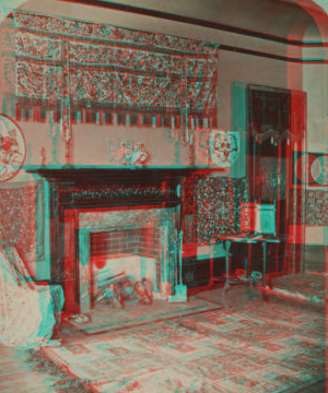 Interior of the McGraw-Fiske Mansion, Ithaca, N.Y. Carved mantlepiece and tapestries in guest chamber. (W. H. Miller, architect) [1879?-1883?]