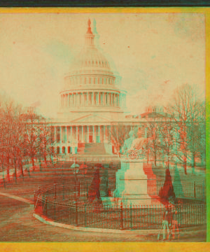 East front of U.S. Capitol, and Marble statue of Washington. 1865?-1875? 1865-1875