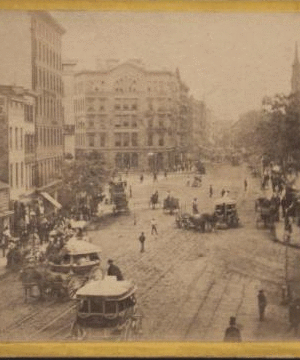 Park Row from Tryon Row, the City Hall Park on the right, showing the Times Building, and a distant view of St. Paul's Church. 1860?-1875? ca. 1865