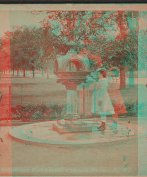 Drinking fountain, Central Park, N.Y. [Girl in a dress at the fountain.] 1860?-1905?