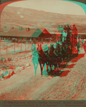 Six-horse tally-ho leaving mountain walled Gardiner for trip through Yellowstone Park, U.S.A. 1901, 1903, 1904