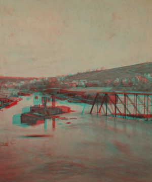 [View of the centennial flood innudating the railroad bridge.] 1876? 1869?-1885?