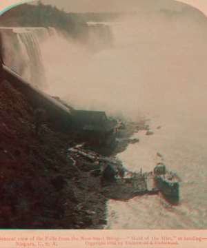 General view of the falls from the new steel bridge. "Maid of the Mist" at landing, Niagara, U.S.A. 1902 c1901