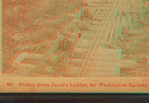 Sliding down Jacob's Ladder, Mt. Washington Railway. 1864?-1892?