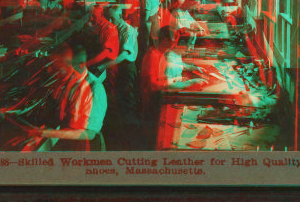 Expert workmen, cutting leather for high quality shoes, Massachusetts. 1870?-1915?