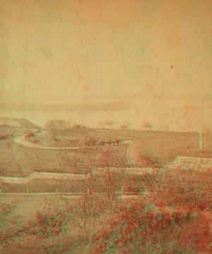 View of cemetery looking south-west along central drive with Natural Mound, Mississippi River and Peninsula opposite v., in the distance. 1870?-1880?