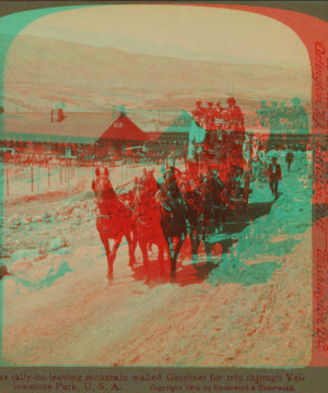 Six-horse tally-ho leaving mountain walled Gardiner for trip through Yellowstone Park, U.S.A. 1901, 1903, 1904