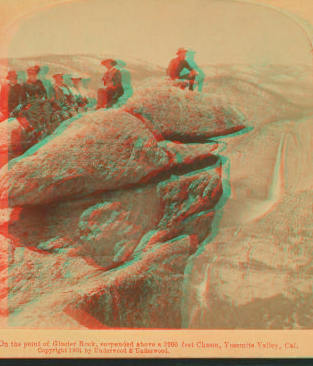 On the point of Glacier Rock, suspended above a 3200 feet chasm, Yosemite Valley, Cal. 1893-1904