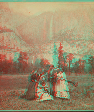 [Group of tourists, with Yosemite Falls as backdrop.] 1870?-1885? [1866-1870]