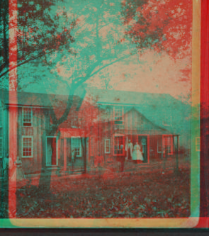 [View of two homes, couples standing out front.] [1860?-1910?]