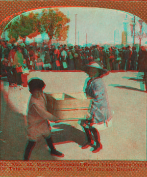 St. Mary's Cathedral bread line, where the little tots were not forgotten, San Francisco. 1906